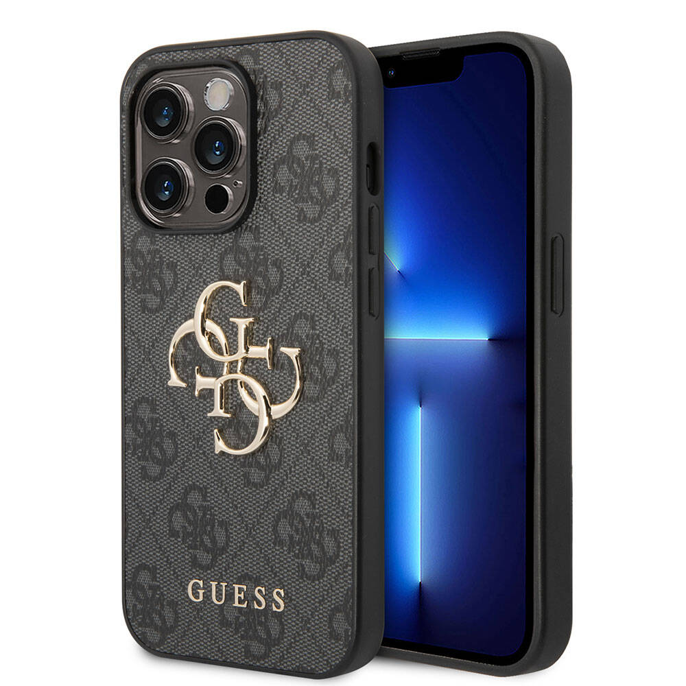 Guess iPhone 15 Pro Orjinal Lisanslı PU Deri Yazı ve 4G Metal Logolu Desenli Telefon Kılıfı