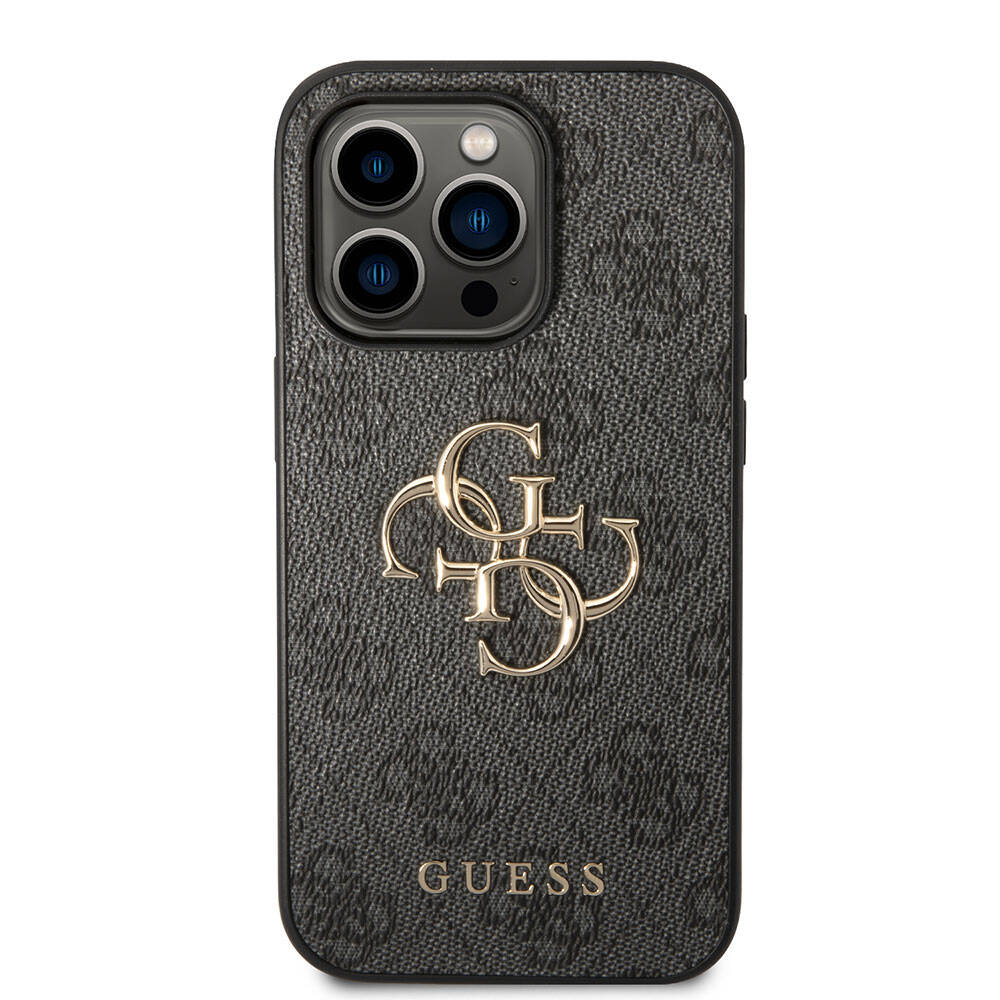 Guess iPhone 15 Pro Orjinal Lisanslı PU Deri Yazı ve 4G Metal Logolu Desenli Telefon Kılıfı