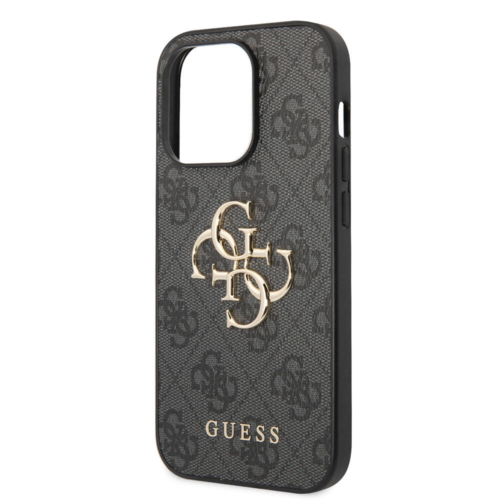 Guess iPhone 15 Pro Orjinal Lisanslı PU Deri Yazı ve 4G Metal Logolu Desenli Telefon Kılıfı