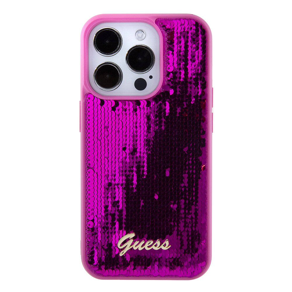 Guess iPhone 15 Pro Orjinal Lisanslı Pullu Arka Yüzey Metal Yazı Logolu Sequin Script Kılıf