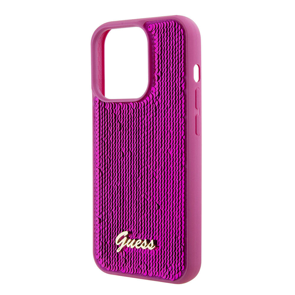 Guess iPhone 15 Pro Orjinal Lisanslı Pullu Arka Yüzey Metal Yazı Logolu Sequin Script Kılıf