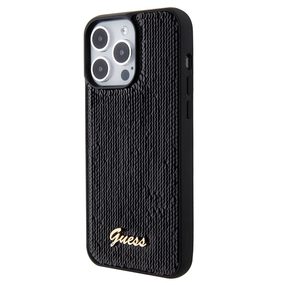 Guess iPhone 15 Pro Orjinal Lisanslı Pullu Arka Yüzey Metal Yazı Logolu Sequin Script Kılıf