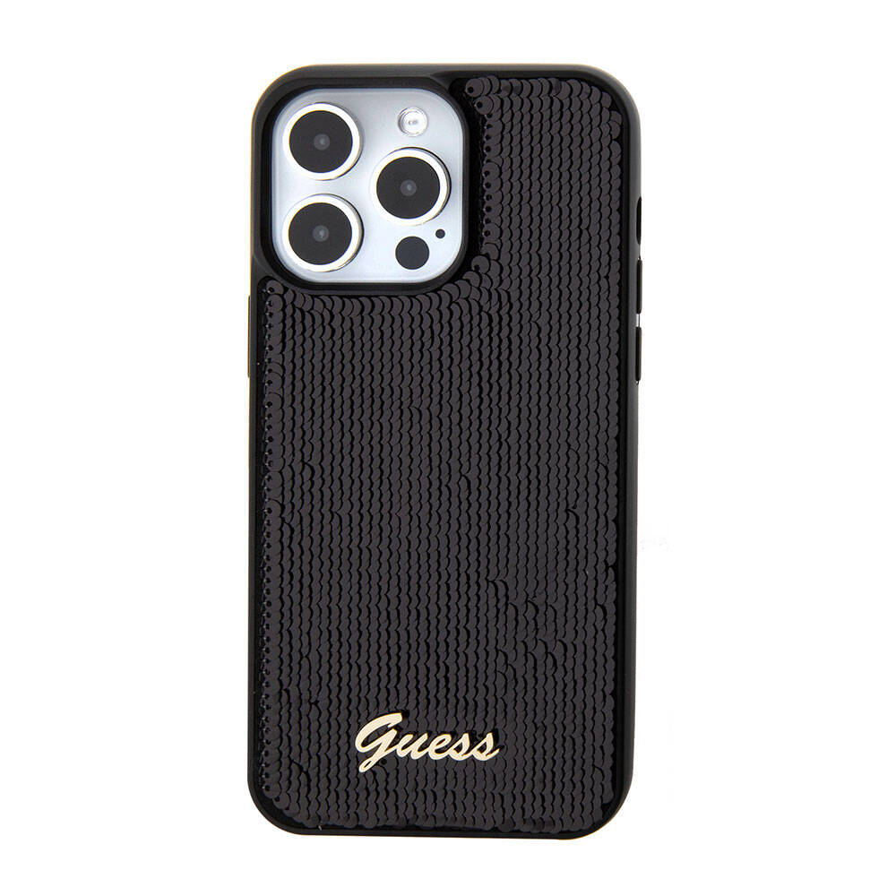 Guess iPhone 15 Pro Orjinal Lisanslı Pullu Arka Yüzey Metal Yazı Logolu Sequin Script Kılıf