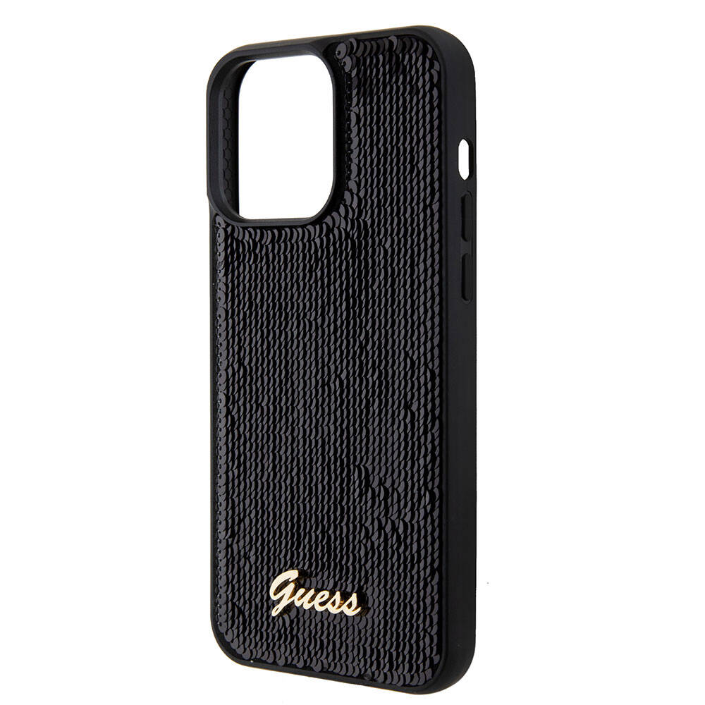 Guess iPhone 15 Pro Orjinal Lisanslı Pullu Arka Yüzey Metal Yazı Logolu Sequin Script Kılıf