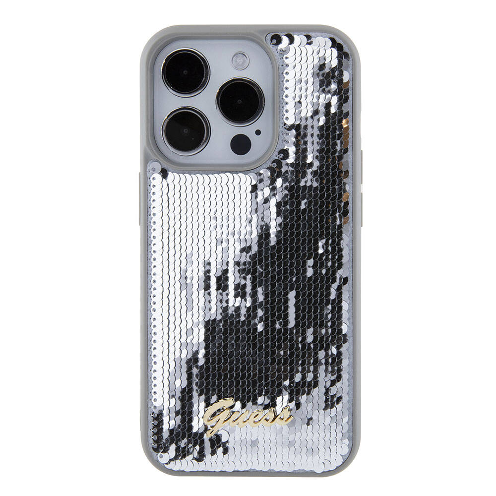 Guess iPhone 15 Pro Orjinal Lisanslı Pullu Arka Yüzey Metal Yazı Logolu Sequin Script Kılıf