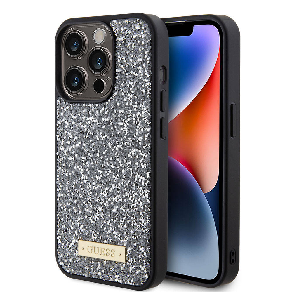 Guess iPhone 15 Pro Orjinal Lisanslı Taşlı Arka Yüzey Metal Yazı Logolu Telefon Kılıfı - 1