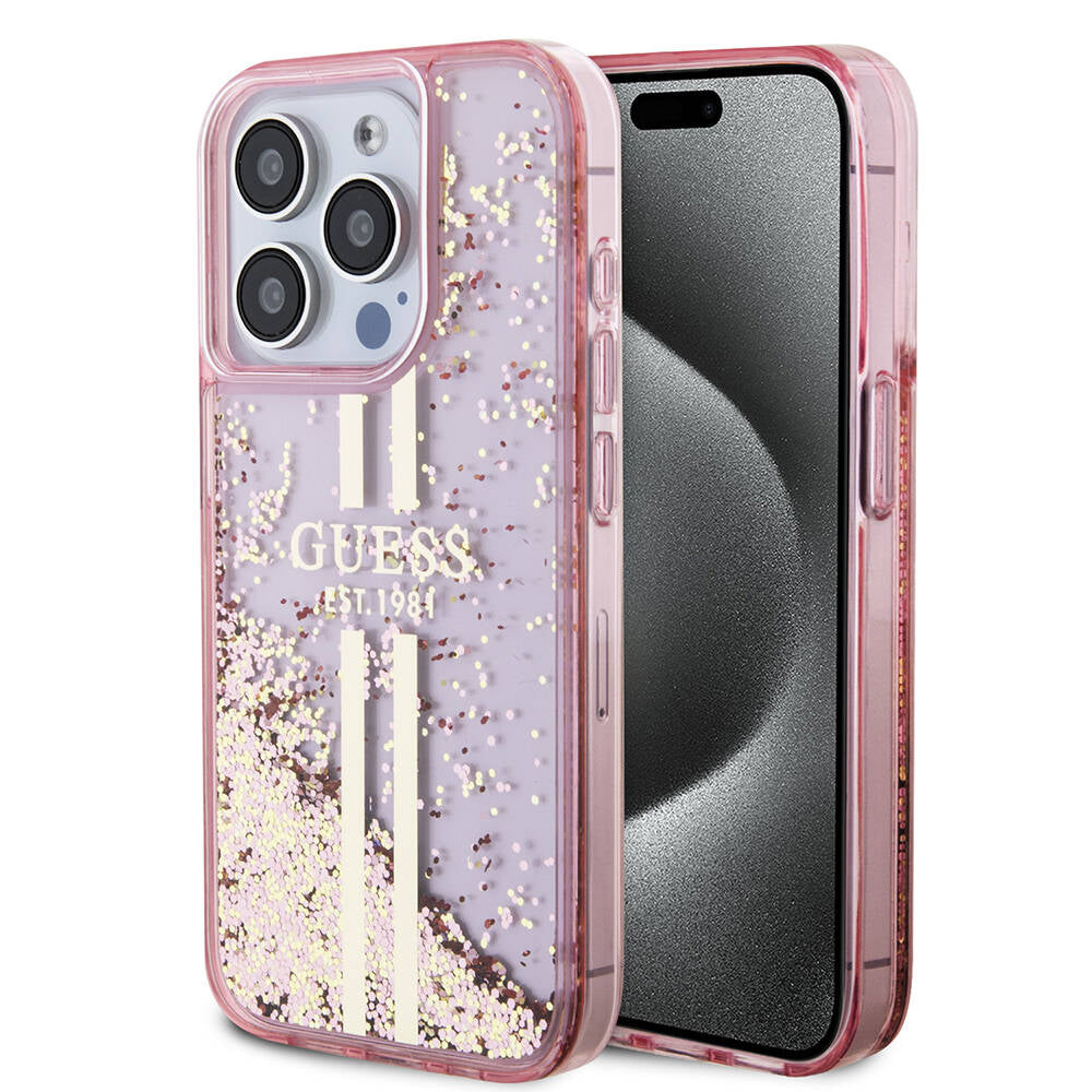 Guess iPhone 15 Pro Orjinal Lisanslı Transparan Sıvılı Simli Altın Çizgili Kılıf