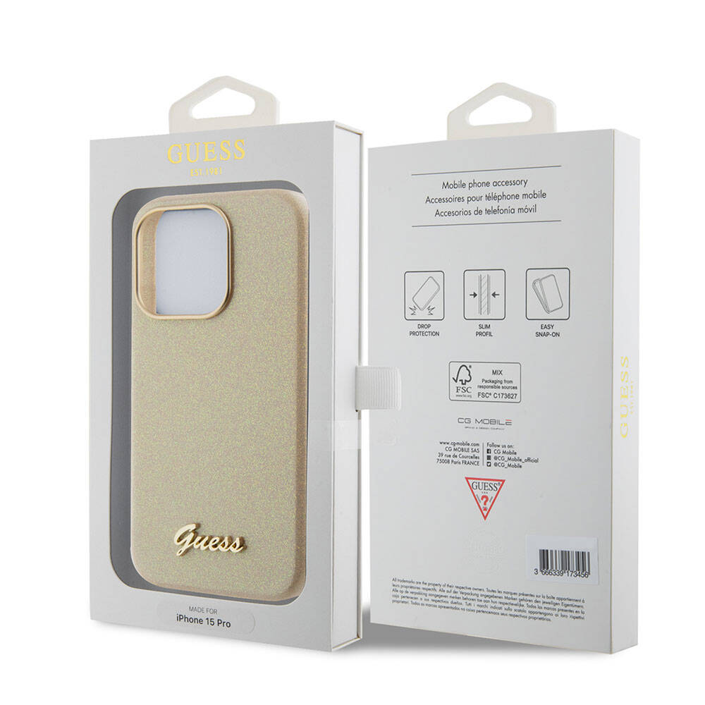 Guess iPhone 15 Pro Orjinal Lisanslı Yazı Logolu Glitter Glossy Script Telefon Kılıfı