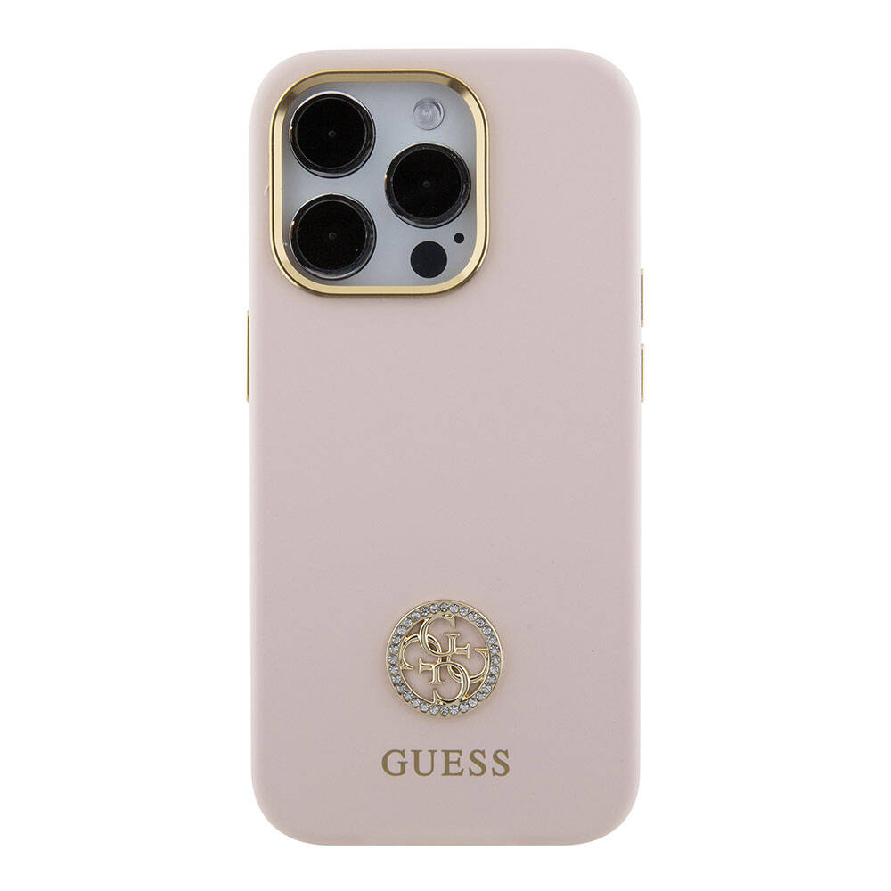 Guess iPhone 15 Pro Orjinal Lisanslı Yazı ve Taşlı 4G Logolu Metal Kamera Çerçeveli Silikon Telefon Kılıfı