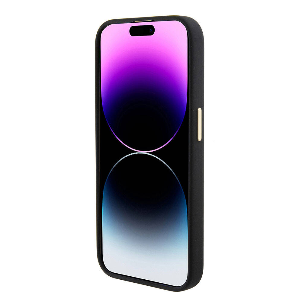 Guess iPhone 15 Pro Orjinal Lisanslı Yazı ve Taşlı 4G Logolu Metal Kamera Çerçeveli Silikon Kılıf