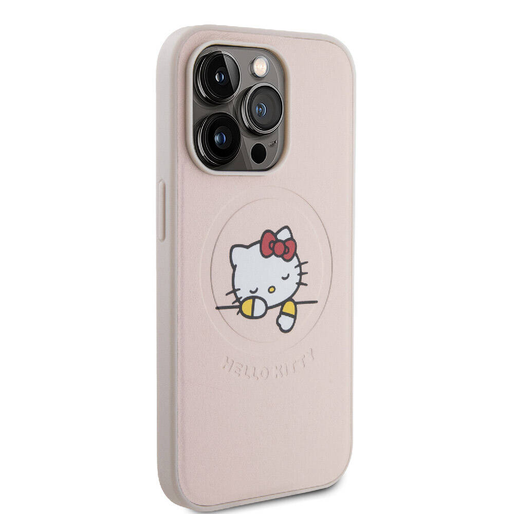 Hello Kitty iPhone 15 Pro Orjinal Lisanslı M-safe Şarj Özellikli Baskı Logolu Uyuyan Kitty Deri Kılıf