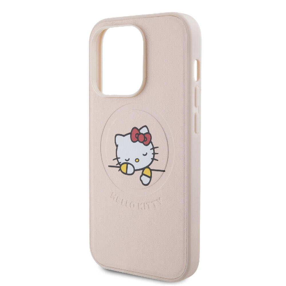 Hello Kitty iPhone 15 Pro Orjinal Lisanslı M-safe Şarj Özellikli Baskı Logolu Uyuyan Kitty Deri Kılıf