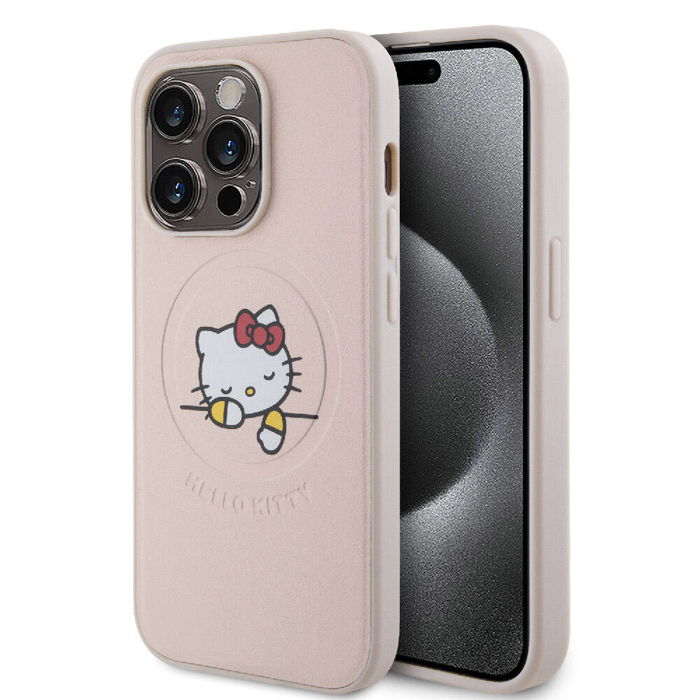Hello Kitty iPhone 15 Pro Orjinal Lisanslı M-safe Şarj Özellikli Baskı Logolu Uyuyan Kitty Deri Kılıf