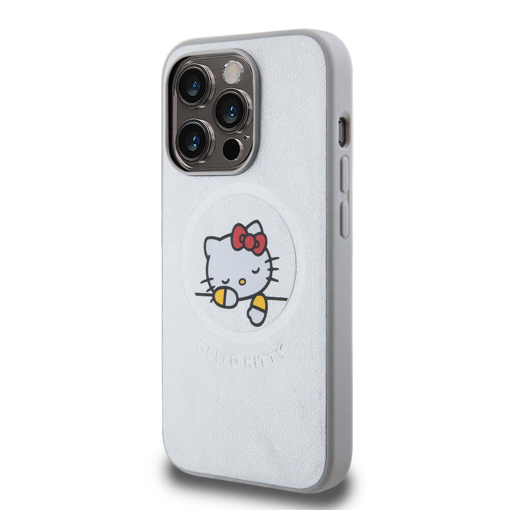Hello Kitty iPhone 15 Pro Orjinal Lisanslı M-safe Şarj Özellikli Baskı Logolu Uyuyan Kitty Deri Kılıf