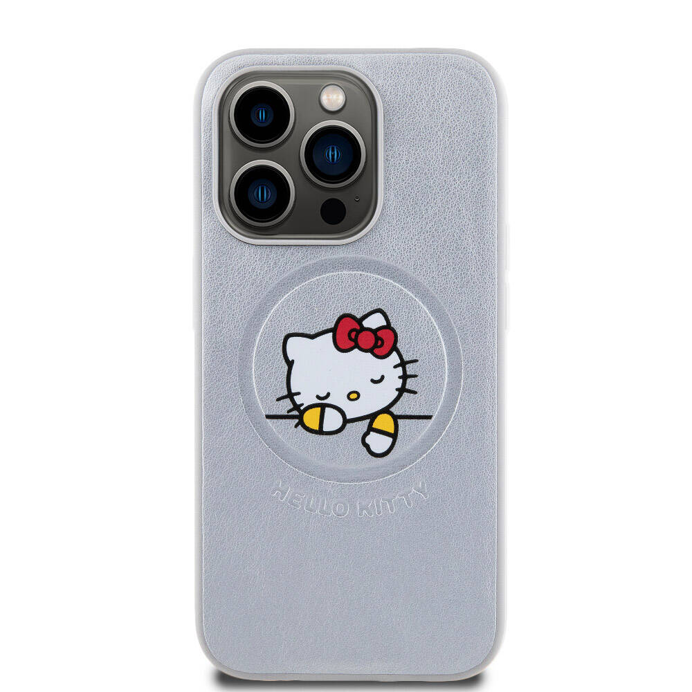 Hello Kitty iPhone 15 Pro Orjinal Lisanslı M-safe Şarj Özellikli Baskı Logolu Uyuyan Kitty Deri Kılıf