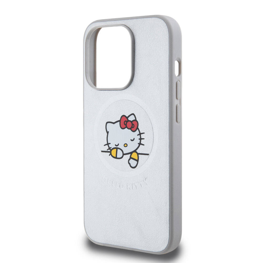 Hello Kitty iPhone 15 Pro Orjinal Lisanslı M-safe Şarj Özellikli Baskı Logolu Uyuyan Kitty Deri Kılıf