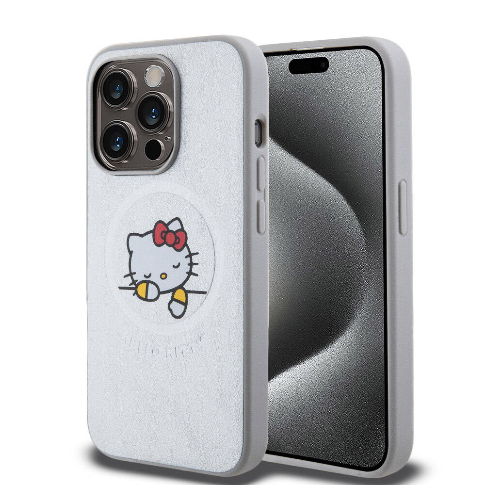 Hello Kitty iPhone 15 Pro Orjinal Lisanslı M-safe Şarj Özellikli Baskı Logolu Uyuyan Kitty Deri Kılıf