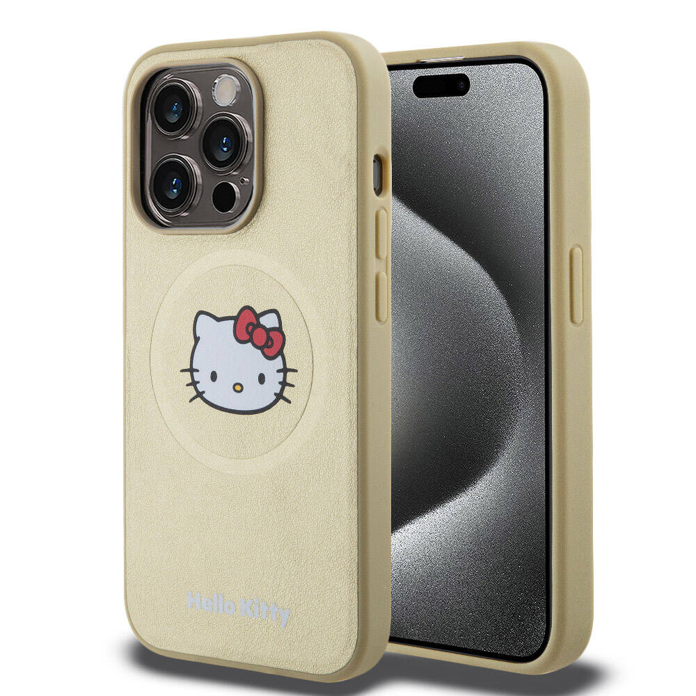 Hello Kitty iPhone 15 Pro Orjinal Lisanslı M-safe Şarj Özellikli Kitty Head Deri Kılıf