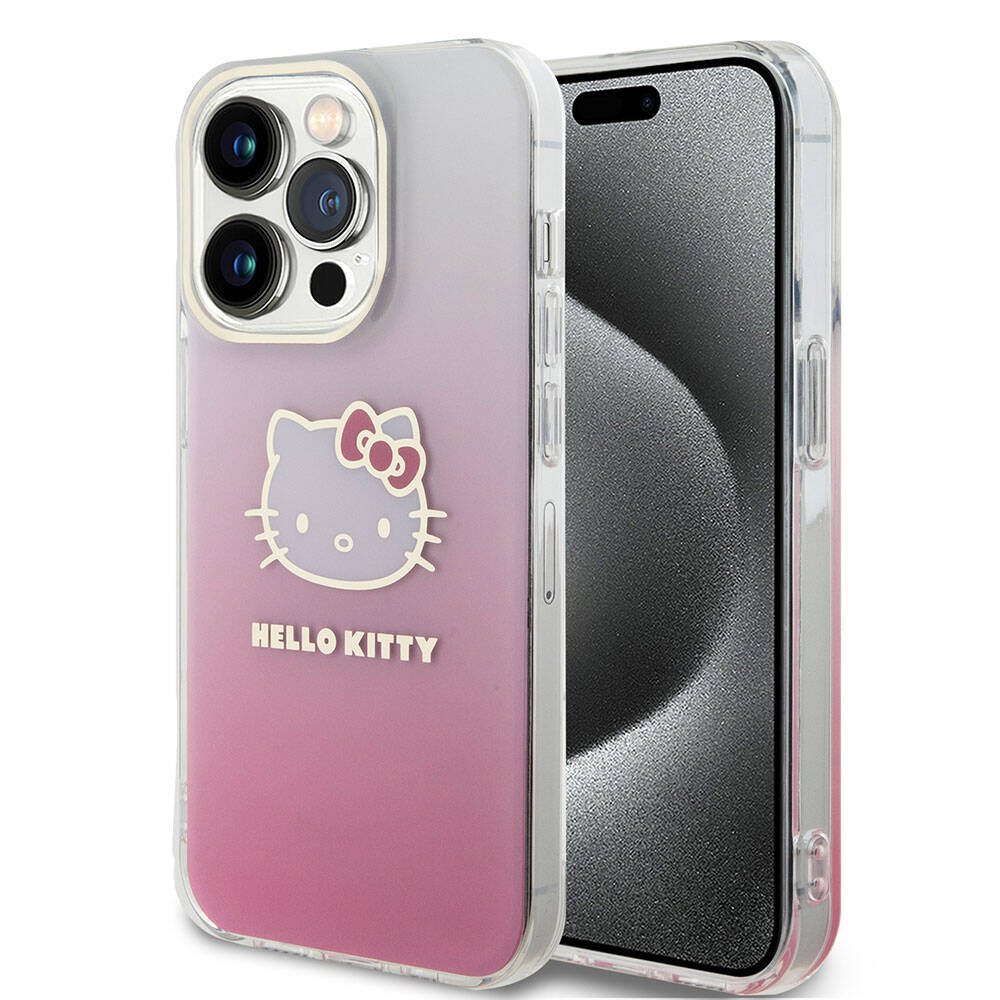 Hello Kitty iPhone 15 Pro Orjinal Lisanslı Yazı ve İkonik Logolu Elektroplating Kaplama Gradyan Kılıf