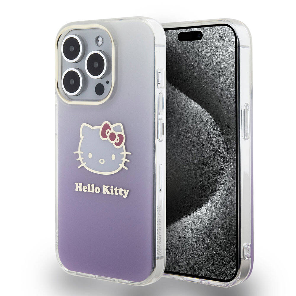Hello Kitty iPhone 15 Pro Orjinal Lisanslı Yazı ve İkonik Logolu Elektroplating Kaplama Gradyan Kılıf