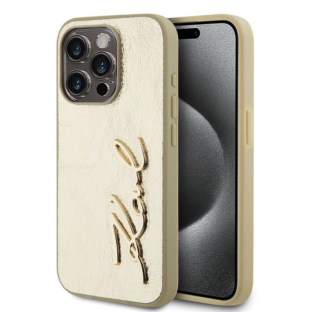 Karl Lagerfeld iPhone 15 Pro Kılıf Orjinal Lisanslı 3D KL Yazılı Tüylü Arka Yüzey Saffiano Rhinestones Telefon Kılıfı - 1