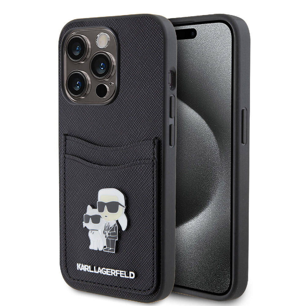 Karl Lagerfeld iPhone 15 Pro Orjinal Lisanslı Metal Logo Kartlıklı Saffiano Telefon Kılıfı - 1
