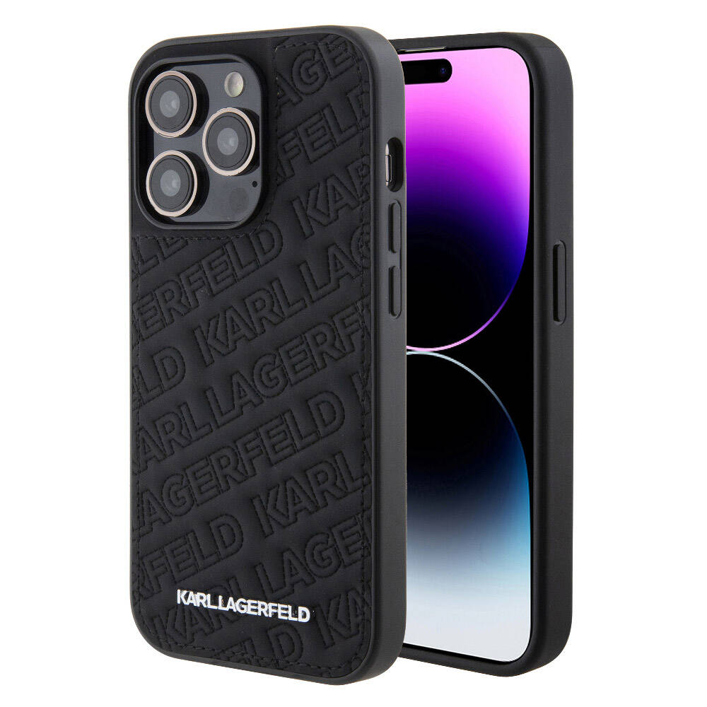 Karl Lagerfeld iPhone 15 Pro Orjinal Lisanslı Metal Yazı Logolu Dikişli Logo Arka Yüzey Kapitone Telefon Kılıfı - 1