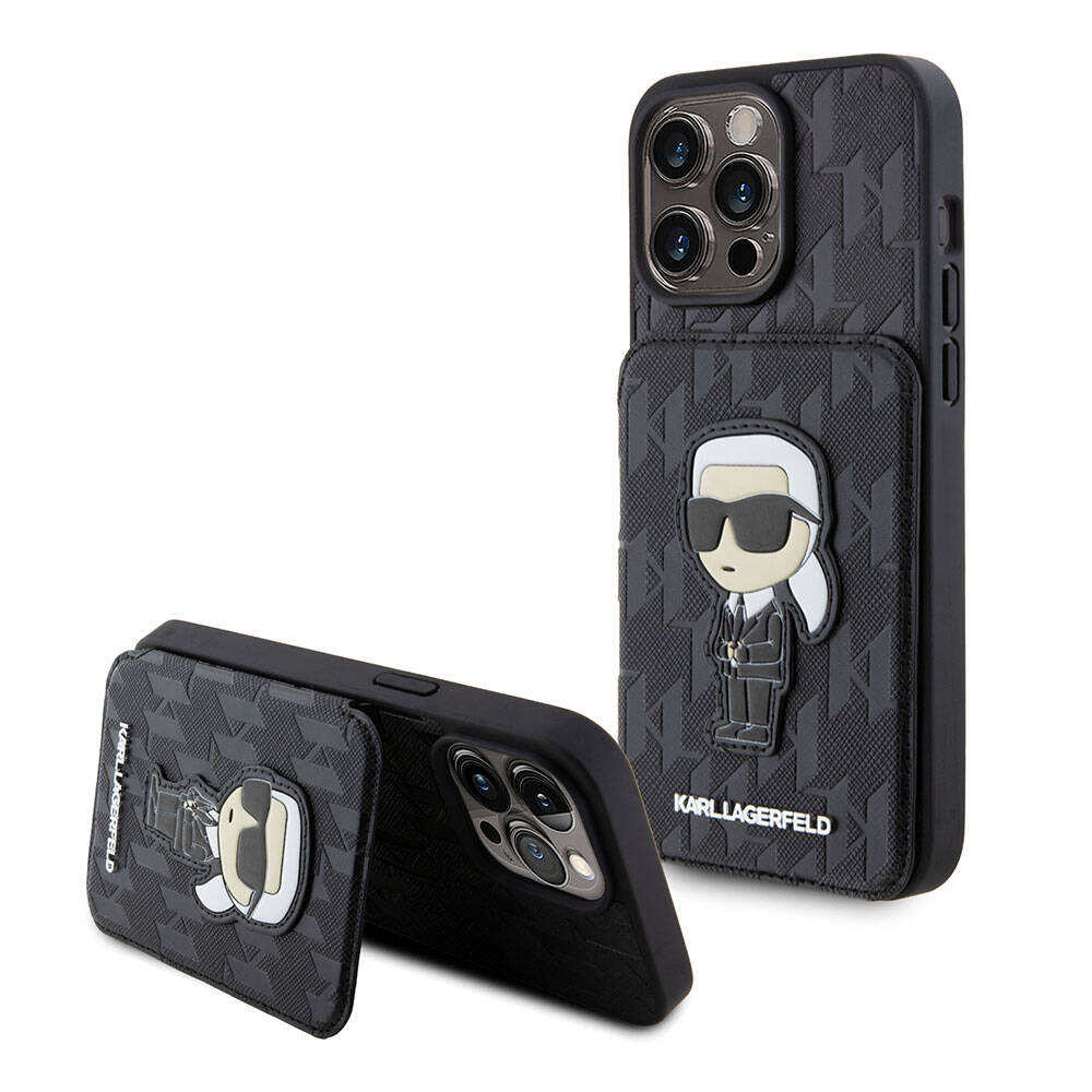 Karl Lagerfeld iPhone 15 Pro Standlı Kartlıklı Saffiano Monogram İkonik Metal Logo Orjinal Lisanslı Telefon Kılıfı - 1