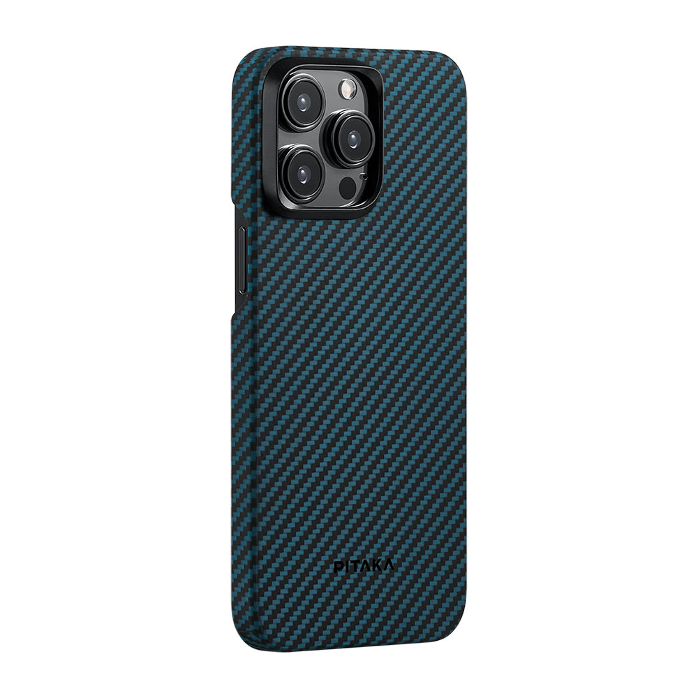 Pitaka Ultra-Slim Classic Serisi iPhone 15 Pro M-safe Şarj Özellikli 1500D Aramid Fiber Black-Blue Twill Kılıf