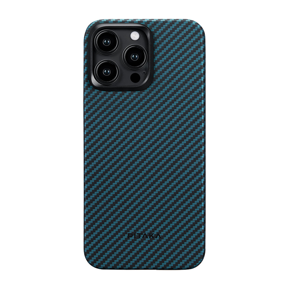Pitaka Ultra-Slim Classic Serisi iPhone 15 Pro M-safe Şarj Özellikli 1500D Aramid Fiber Black-Blue Twill Kılıf