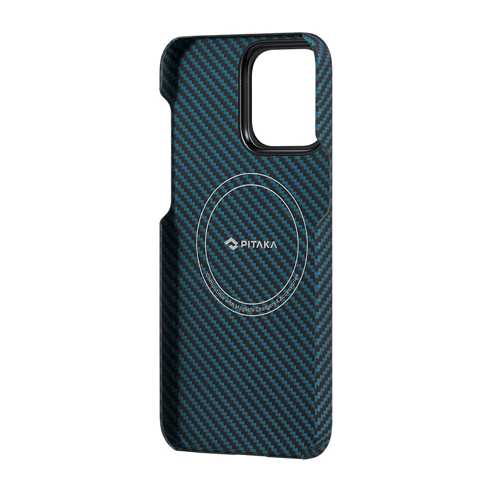 Pitaka Ultra-Slim Classic Serisi iPhone 15 Pro M-safe Şarj Özellikli 1500D Aramid Fiber Black-Blue Twill Kılıf