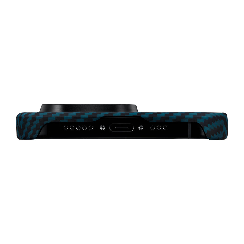 Pitaka Ultra-Slim Classic Serisi iPhone 15 Pro M-safe Şarj Özellikli 1500D Aramid Fiber Black-Blue Twill Kılıf