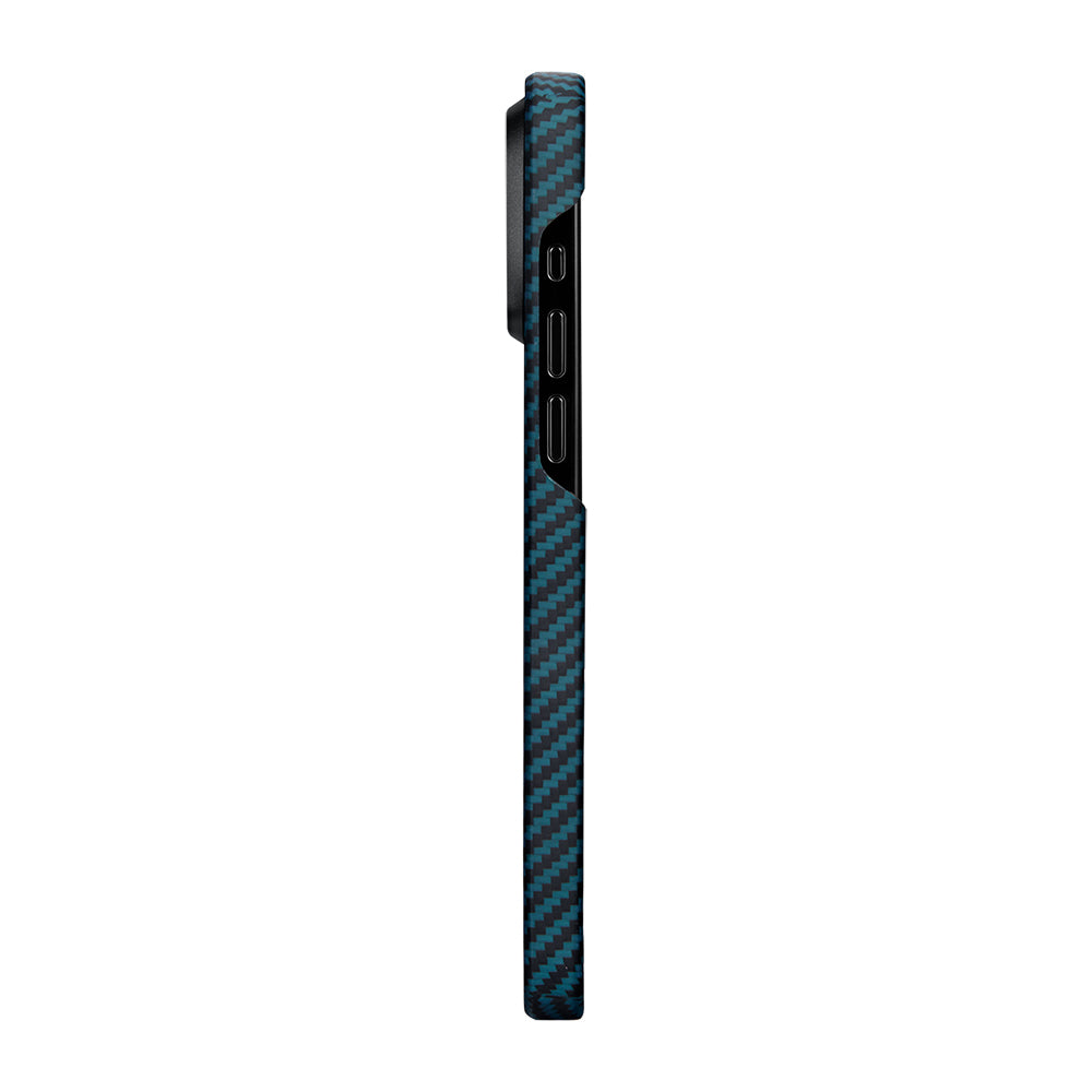 Pitaka Ultra-Slim Classic Serisi iPhone 15 Pro M-safe Şarj Özellikli 1500D Aramid Fiber Black-Blue Twill Kılıf