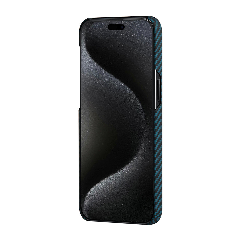 Pitaka Ultra-Slim Classic Serisi iPhone 15 Pro M-safe Şarj Özellikli 1500D Aramid Fiber Black-Blue Twill Kılıf