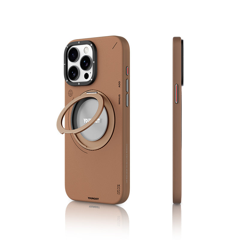 Youngkit Tech Leather Serisi iPhone 15 Pro Kılıf M-safe Şarj Özellikli 360° Standlı Basit Mat Deri Desenli Kılıf