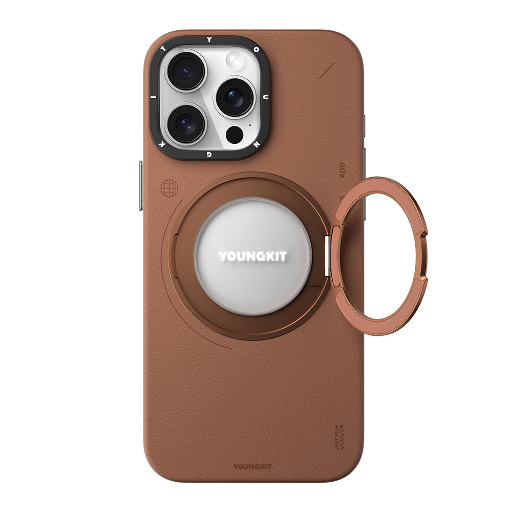 Youngkit Tech Leather Serisi iPhone 15 Pro Kılıf M-safe Şarj Özellikli 360° Standlı Basit Mat Deri Desenli Kılıf