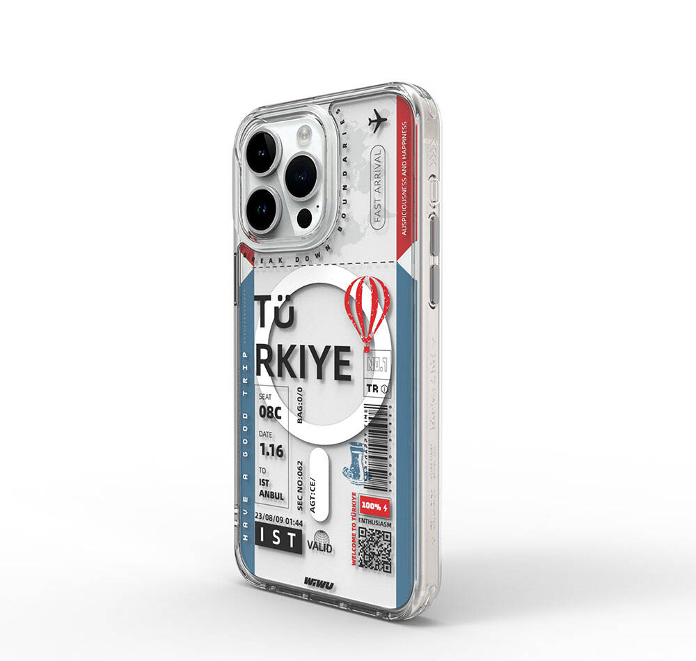 Wiwu Turkey B Serisi iPhone 15 Pro M-safe Şarj Özellikli Bilet Desenli Telefon Kılıfı