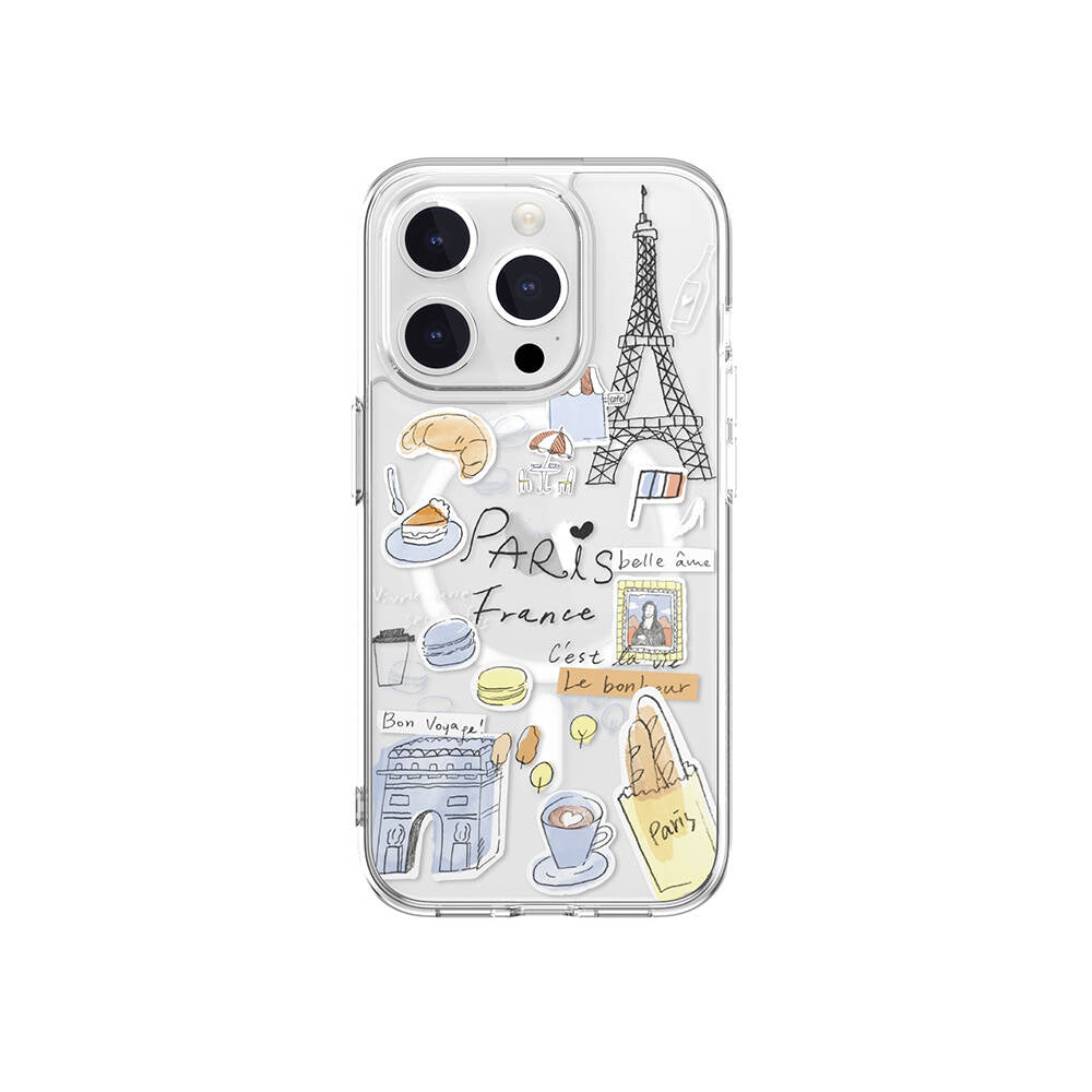 Switcheasy City-M Paris iPhone 15 Pro M-safe Şarj Özellikli Çizim Desenli Şok Önleyicili Şeffaf Lisanslı Kılıf