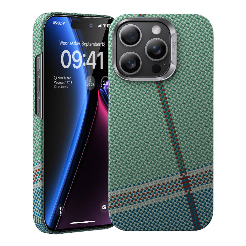 Benks Passion Green ArmorAir iPhone 15 Pro M-safe Şarj Özellikli Karbon Fiber Tasarımlı Kevlar Kılıf