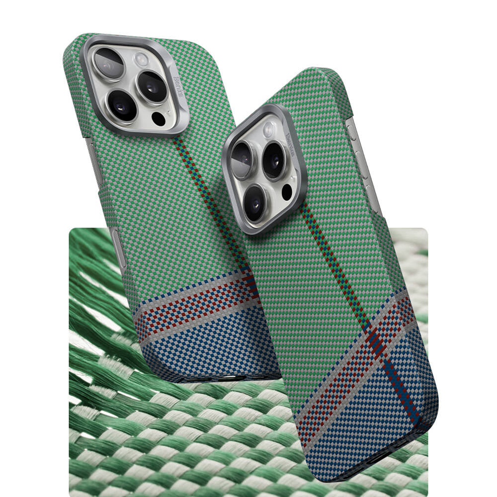 Benks Passion Green ArmorAir iPhone 15 Pro M-safe Şarj Özellikli Karbon Fiber Tasarımlı Kevlar Kılıf