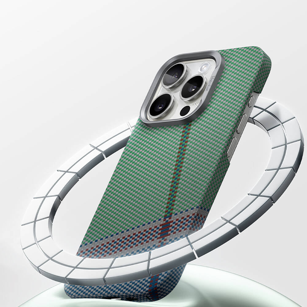 Benks Passion Green ArmorAir iPhone 15 Pro M-safe Şarj Özellikli Karbon Fiber Tasarımlı Kevlar Kılıf