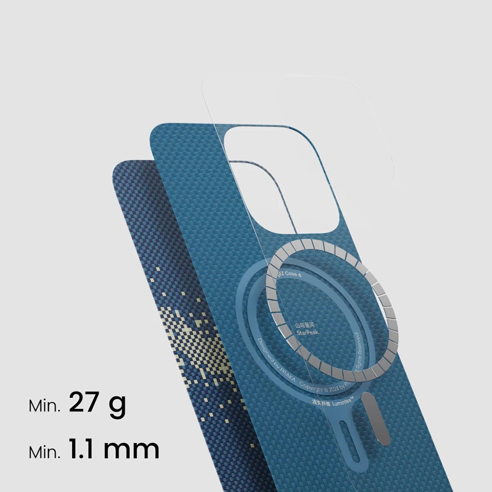 Pitaka Tactile Woven Starpeak Serisi iPhone 15 Pro M-safe Şarj Özellikli Lumintex Teknolojili Fosforlu Özellikli Aramid Fiber Milky Way Galaxy Kılıf