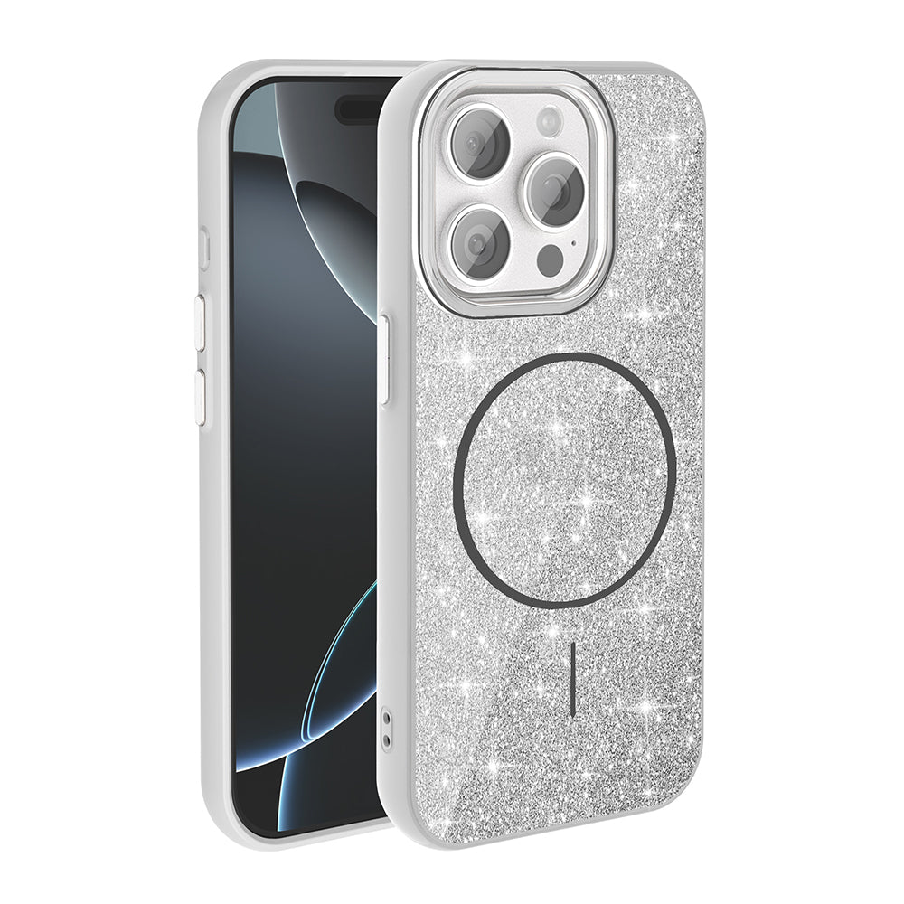 Cepax iPhone 15 Pro M-safe Şarj Özellikli Parlayan Simli Okso Kılıf