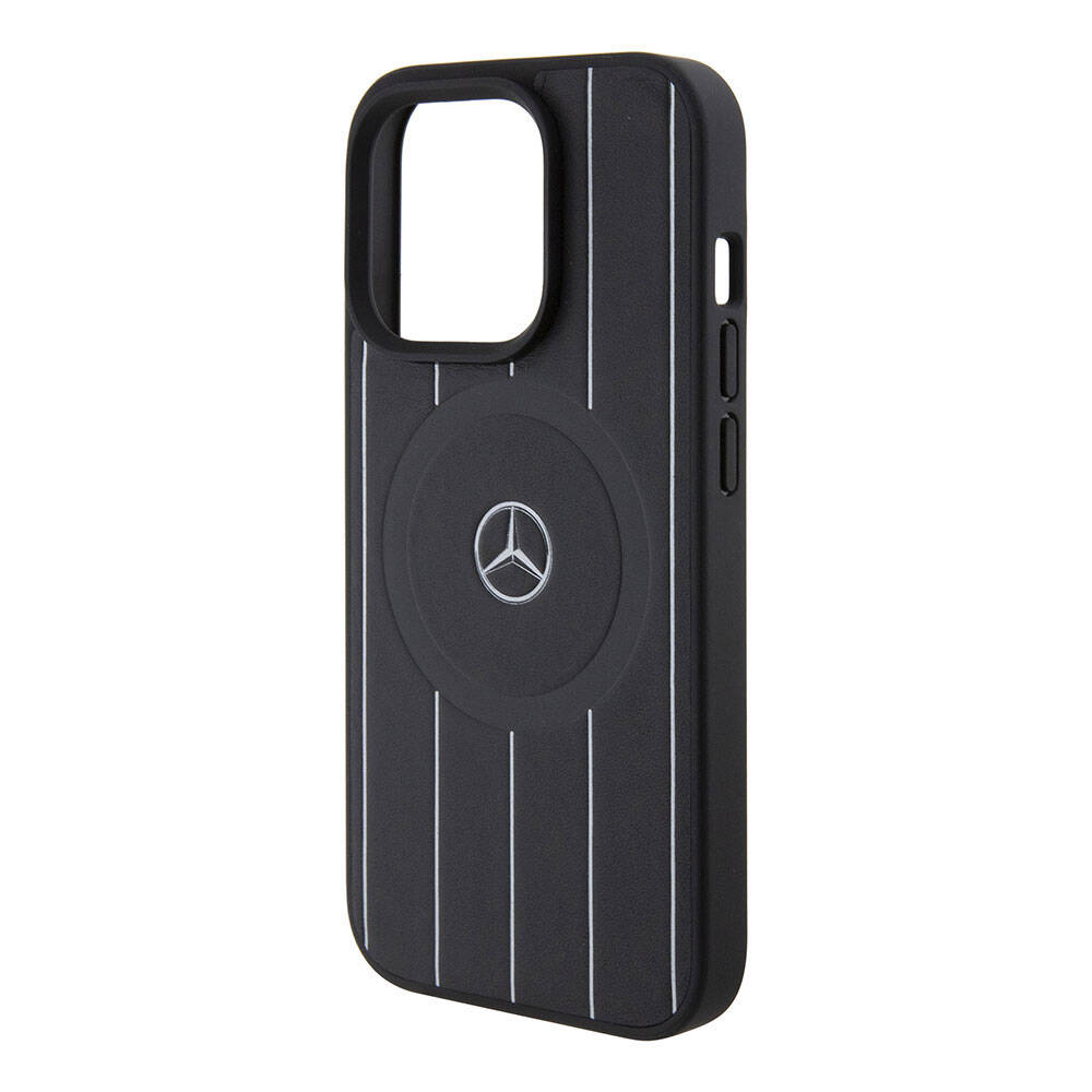 Mercedes Benz iPhone 15 Pro Orjinal Lisanslı M-safe Şarj Özellikli Baskı Logolu Paralel Çizgi Desenli Deri Kılıf