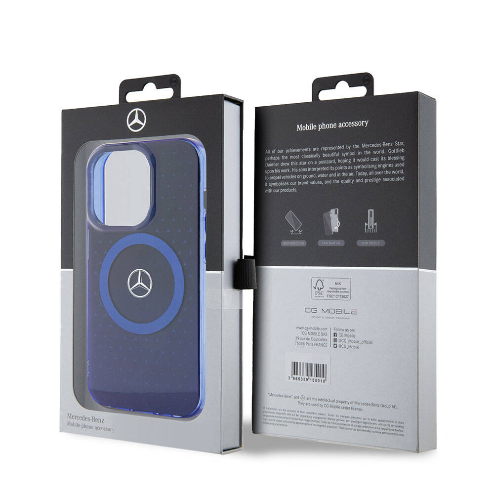 Mercedes Benz iPhone 15 Pro Orjinal Lisanslı M-safe Şarj Özellikli Çift Katmanlı Mavi Yıldız Desenli Kılıf