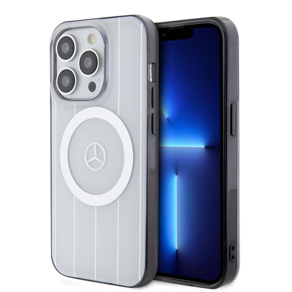 Mercedes Benz iPhone 15 Pro Orjinal Lisanslı M-safe Şarj Özellikli Çift Katmanlı Paralel Çizgi Desenli Kılıf