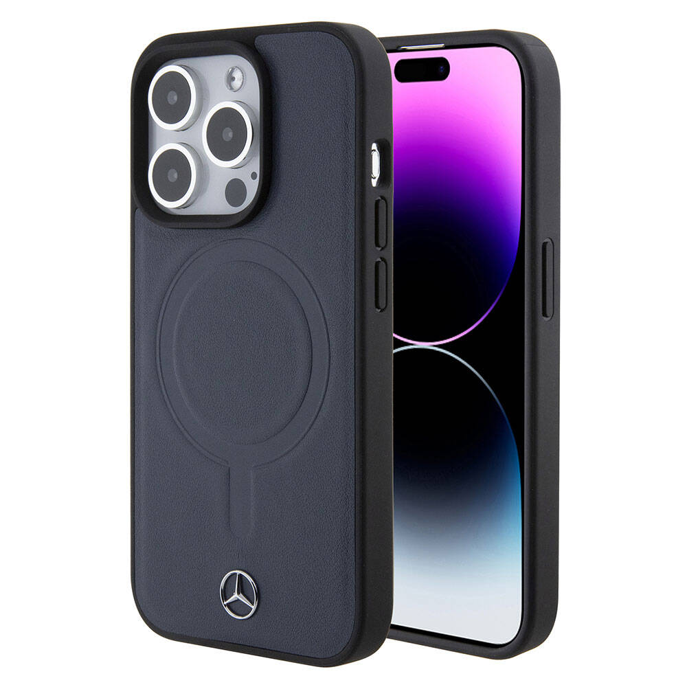 Mercedes Benz iPhone 15 Pro Orjinal Lisanslı M-safe Şarj Özellikli Metal Yıldız Logolu Pürüzsüz Deri Kılıf