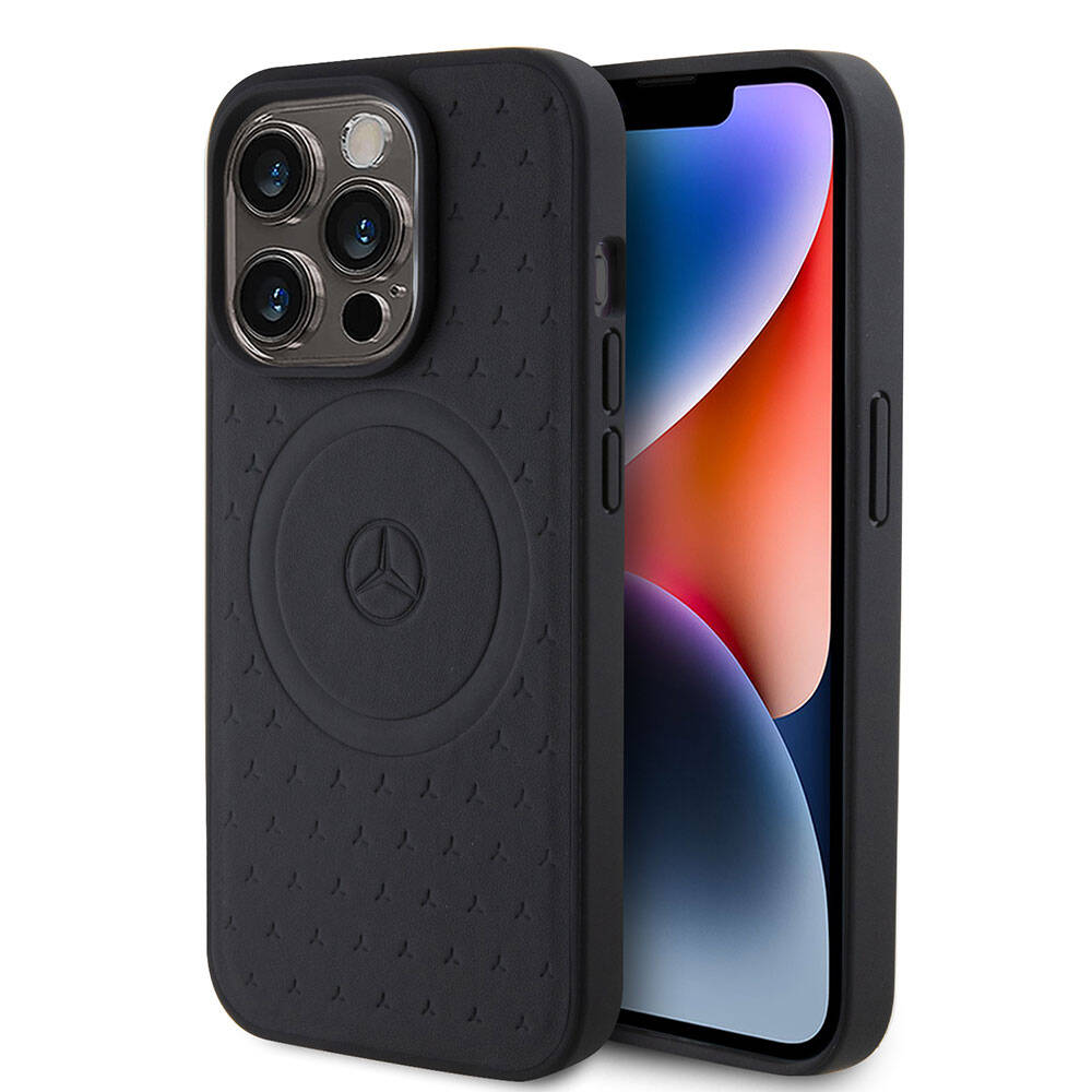 Mercedes Benz iPhone 15 Pro Orjinal Lisanslı M-safe Şarj Özellikli Mühürlü Yıldız Desenli ve Logolu Deri Kılıf