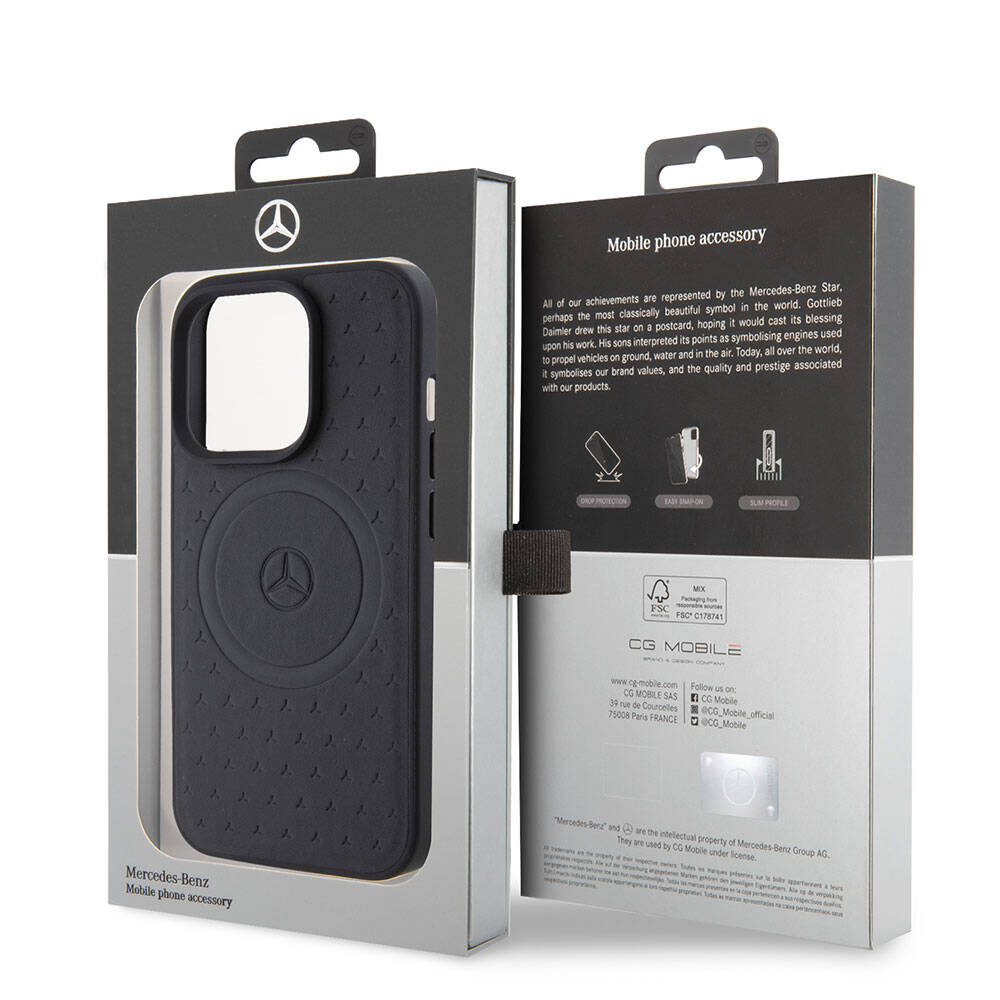 Mercedes Benz iPhone 15 Pro Orjinal Lisanslı M-safe Şarj Özellikli Mühürlü Yıldız Desenli ve Logolu Deri Kılıf