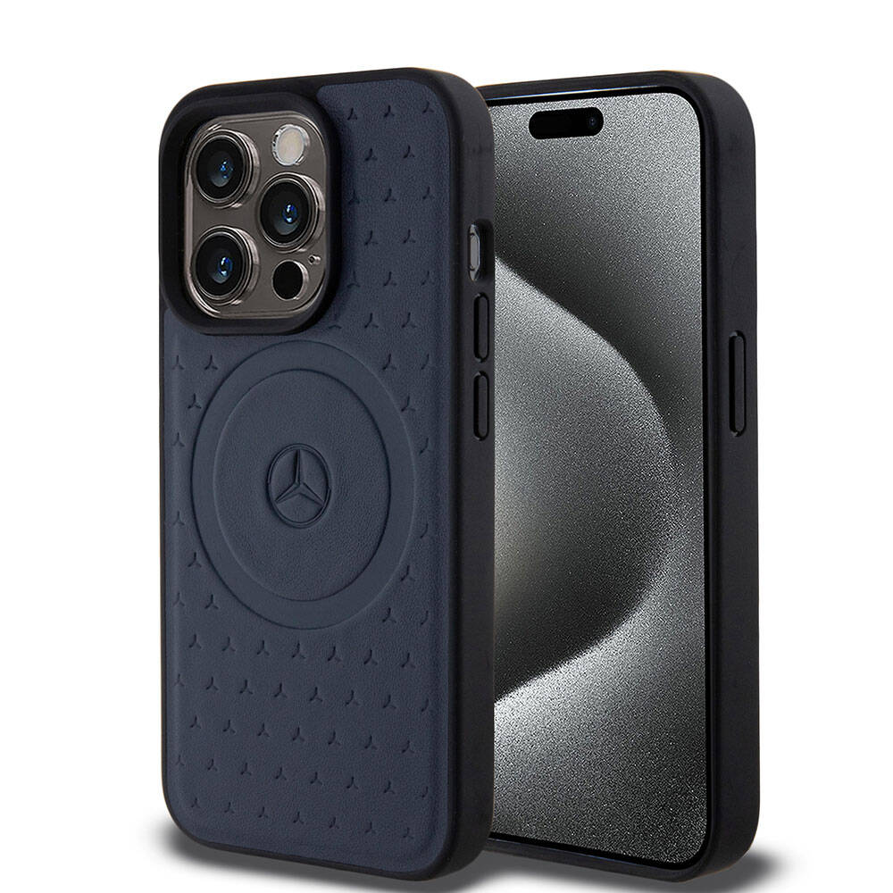 Mercedes Benz iPhone 15 Pro Orjinal Lisanslı M-safe Şarj Özellikli Mühürlü Yıldız Desenli ve Logolu Deri Kılıf